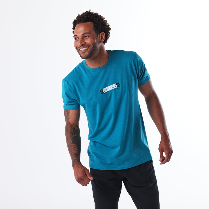 picture of teal tee with esporta fitness logo on chest