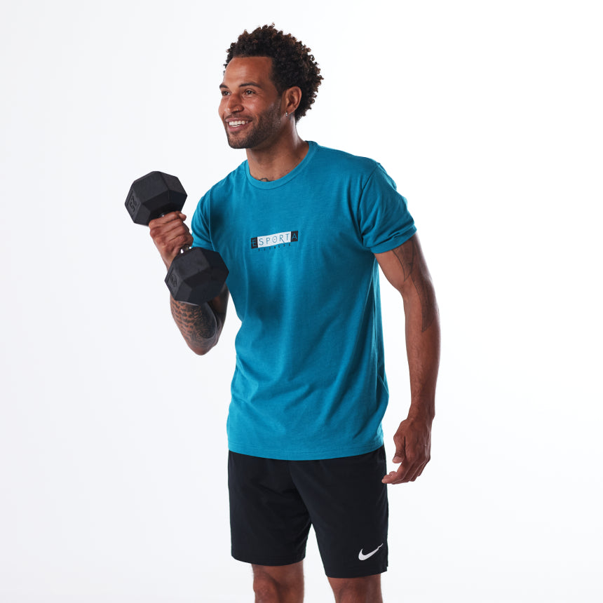 picture of teal tee with esporta fitness logo on chest