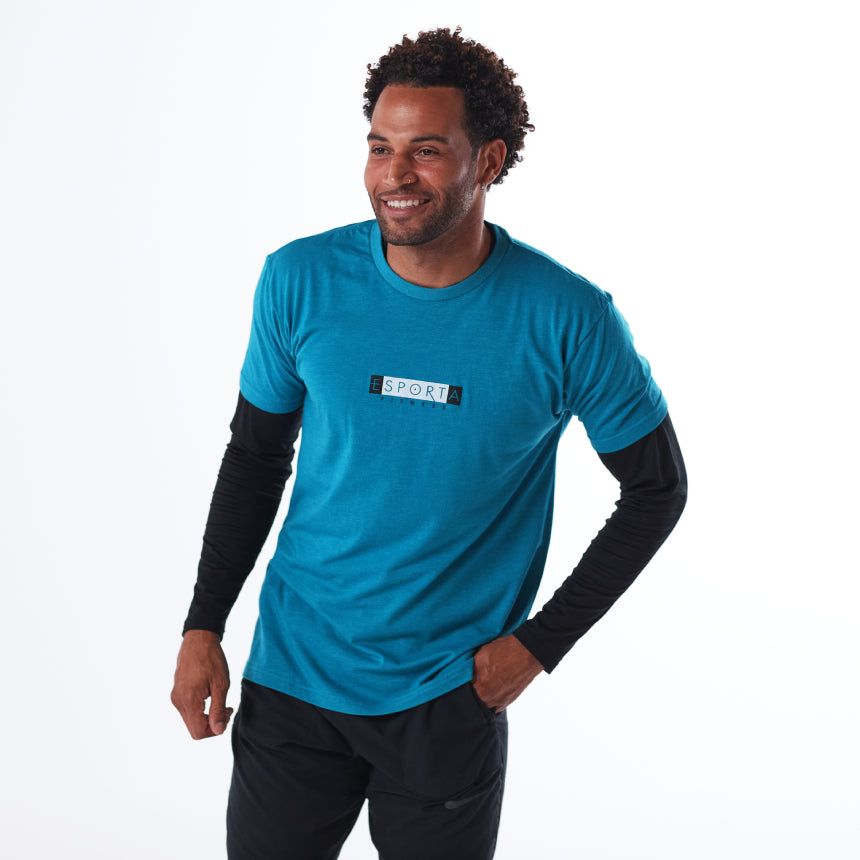 picture of teal tee with esporta fitness logo on chest