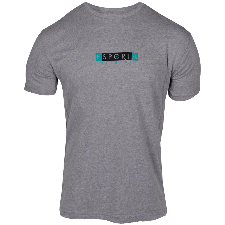 dark heather grey tee with esporta fitness logo on chest