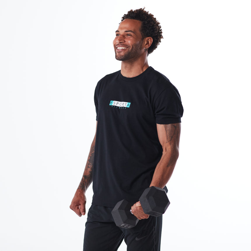 black tee with esporta fitness logo on chest