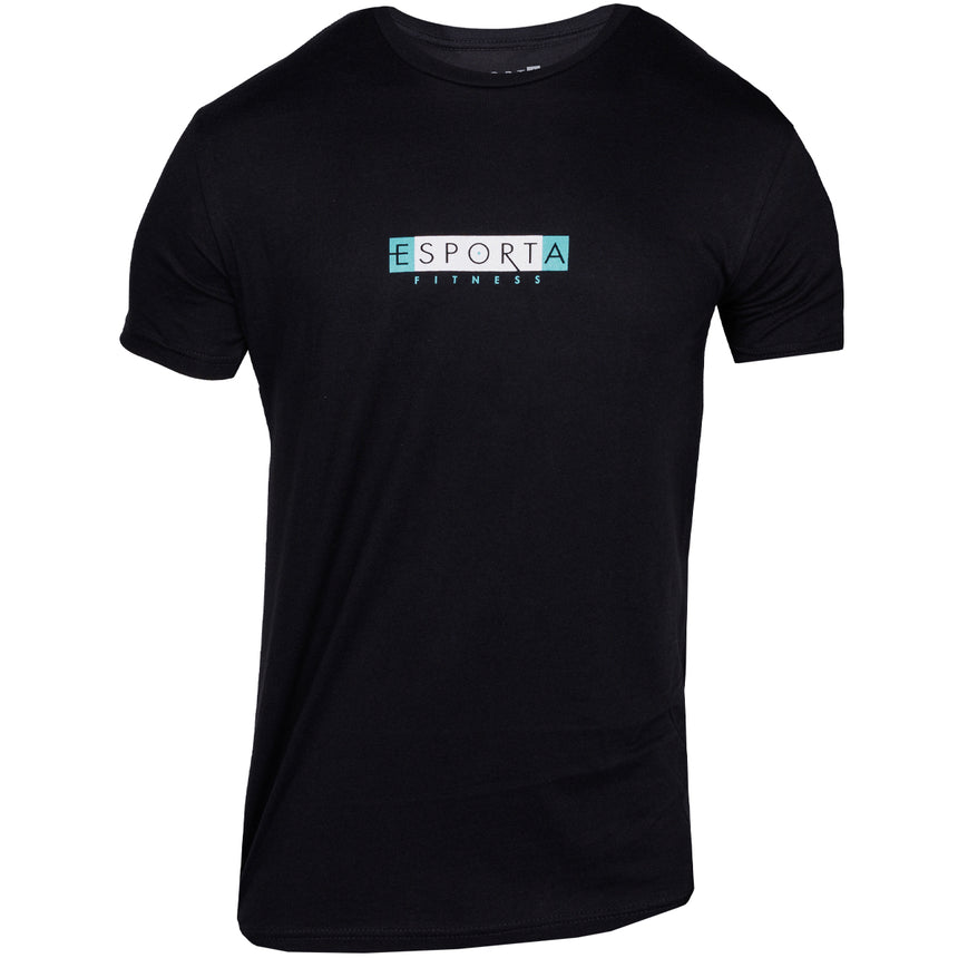 black tee with esporta fitness logo on chest