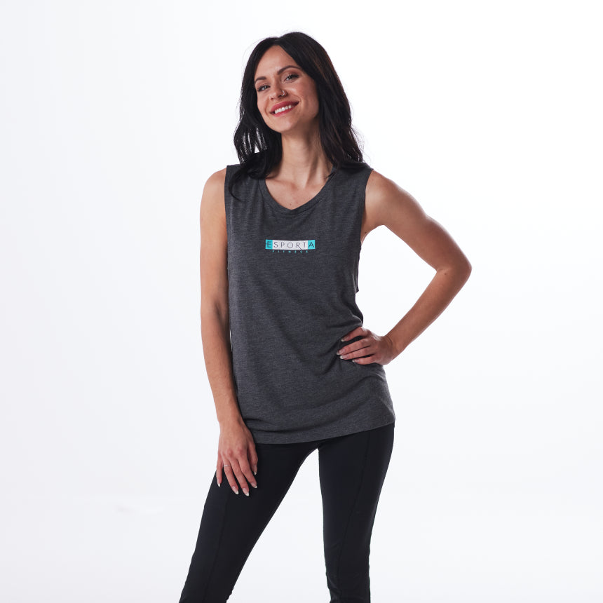 Dark Heather Grey flowy muscle tank with ESPORTA logo on chest