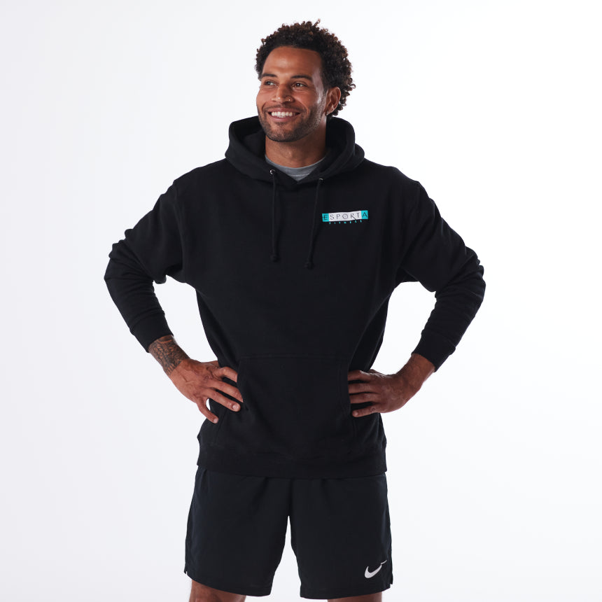 black heavyweight hoodie with esporta fitness on upper left 