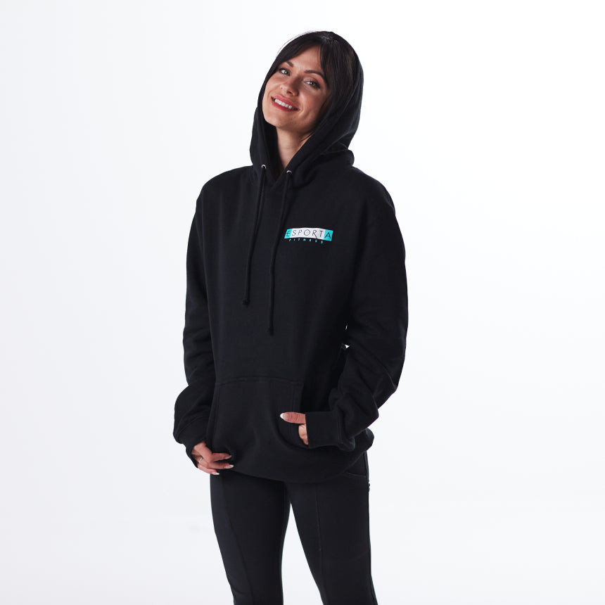 black heavyweight hoodie with esporta fitness on upper left 