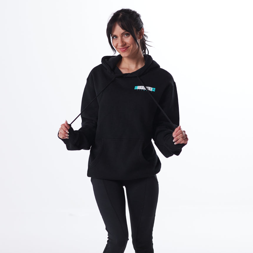 black heavyweight hoodie with esporta fitness on upper left 