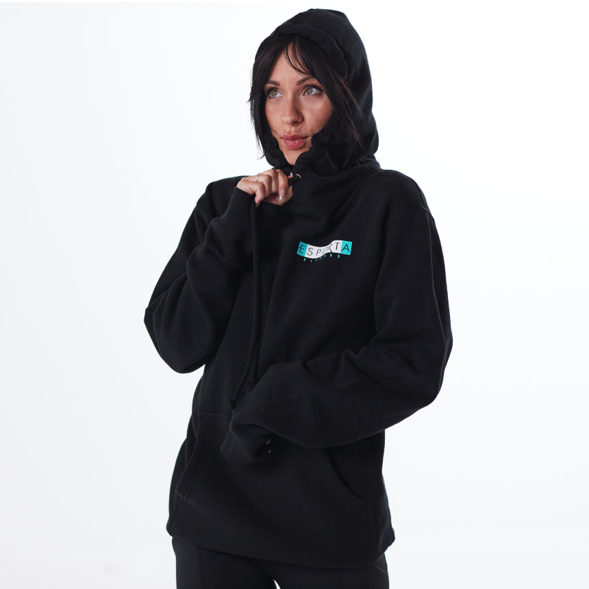 black heavyweight hoodie with esporta fitness on upper left 