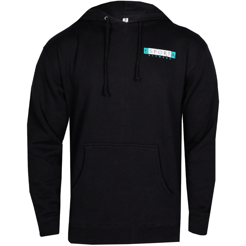 black heavyweight hoodie with esporta fitness on upper left 