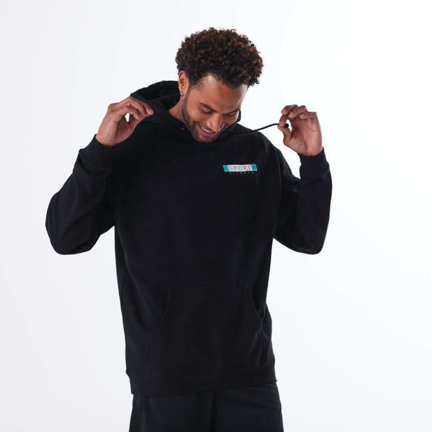 black heavyweight hoodie with esporta fitness on upper left 