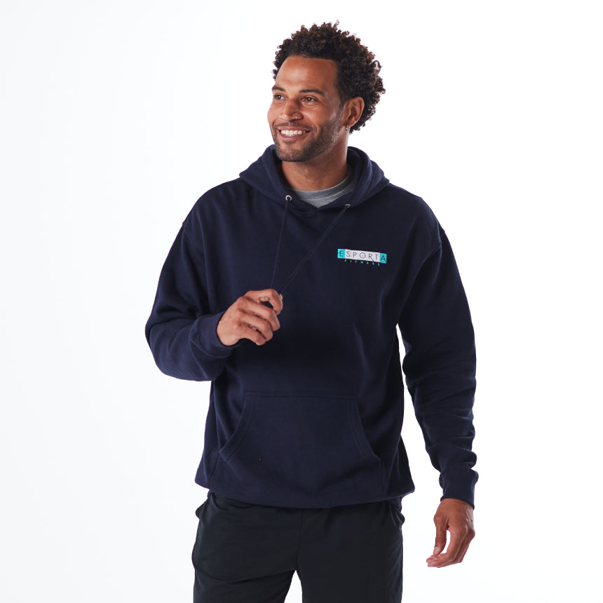 navy heather long sleeve hoodie with esporta fitness logo on left upper chest