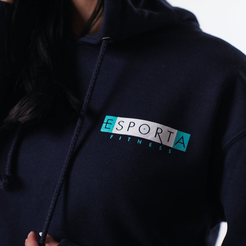 navy heather long sleeve hoodie with esporta fitness logo on left upper chest