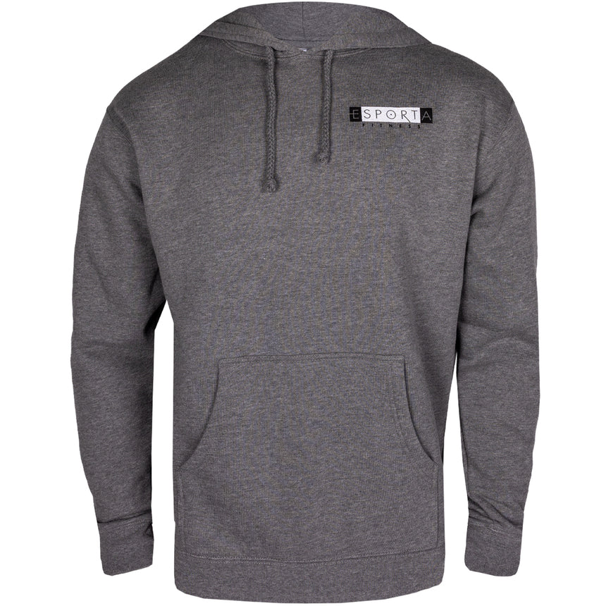 black heavyweight hoodie with esporta fitness on upper left 