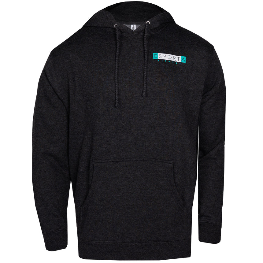 black heavyweight hoodie with esporta fitness on upper left 