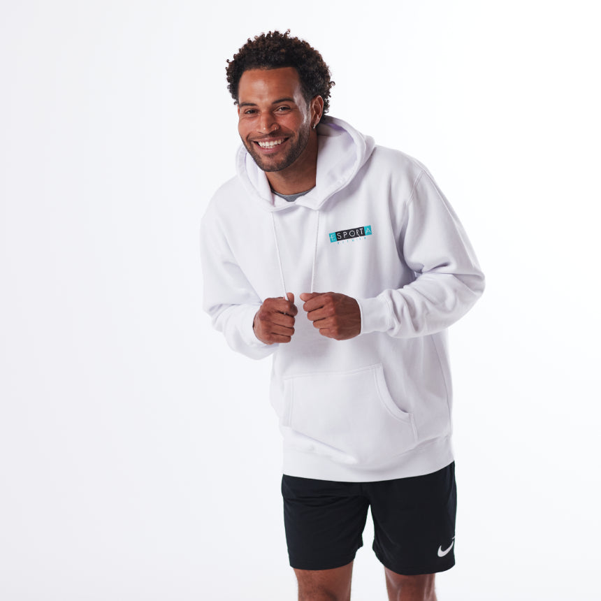 white long sleeve hoodie with esporta fitness logo on left upper chest