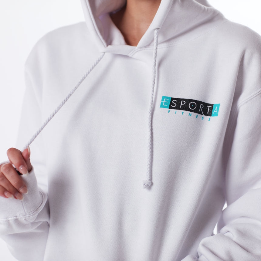 white long sleeve hoodie with esporta fitness logo on left upper chest