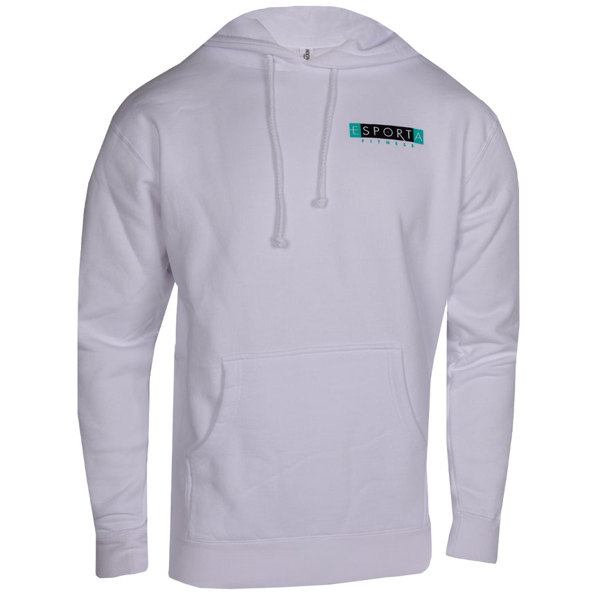 white long sleeve hoodie with esporta fitness logo on left upper chest