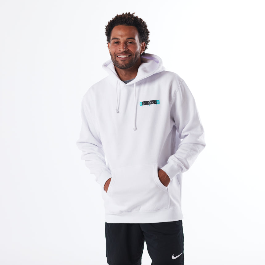 white long sleeve hoodie with esporta fitness logo on left upper chest